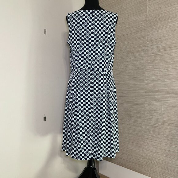 Women's Size 12 Liz Claiborne Navy Teal White Print Sleeveless Dress w/ Pockets - Picture 7 of 11